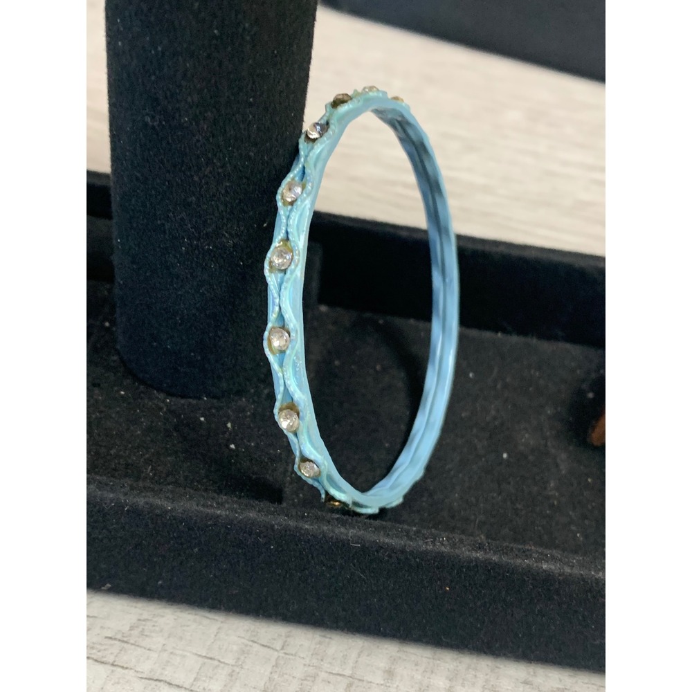 Light Blue Enamel Rhinestone Bangle Bracelet Slim Textured Stacking Band - Picture 3 of 7